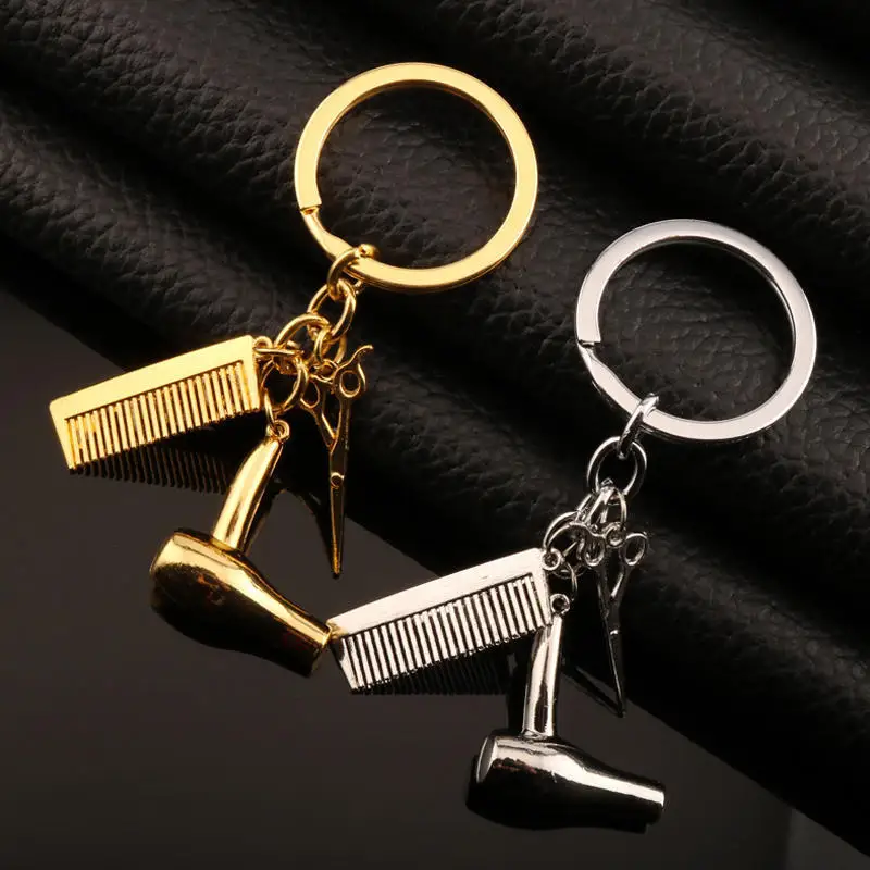

MINHIN New Stylist Keychains Gift For Women Hair Dryer Scissors Comb Design Charm Key Ring Gold Silver Car Key Chains