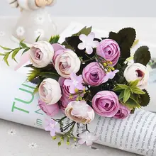 13 голов Шелковый Искусственный Пион цветы маленький букет чайной розы Флер искусственные для дома Свадебные украшения искусственный цветок