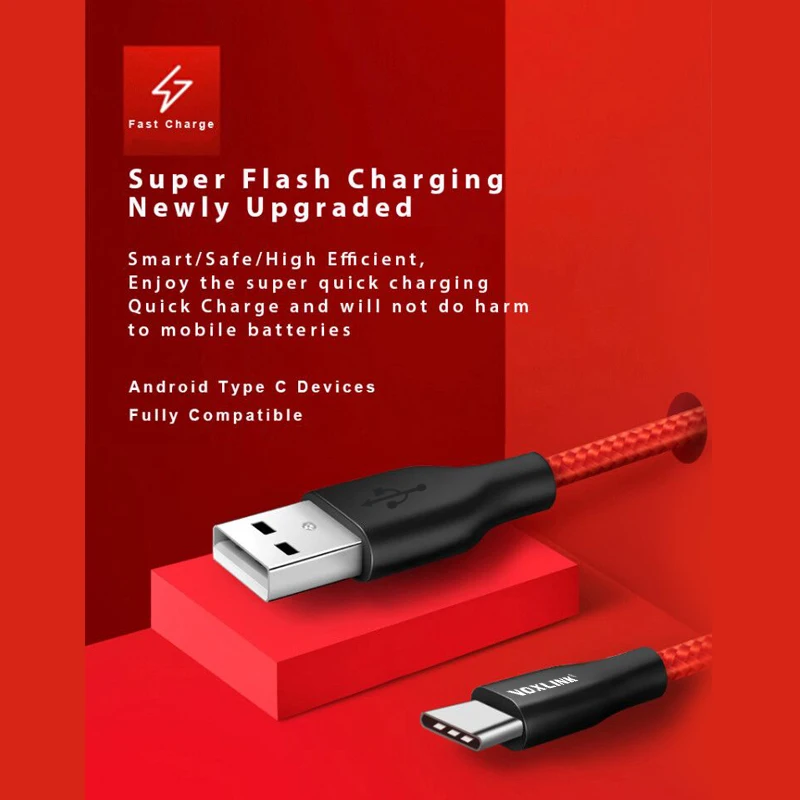 VOXLINK usb type-C кабель для xiaomi redmi note 7 USB шнур для мобильного телефона Быстрая зарядка нейлоновая оплетка для samsung Galaxy S9 S8 Plus