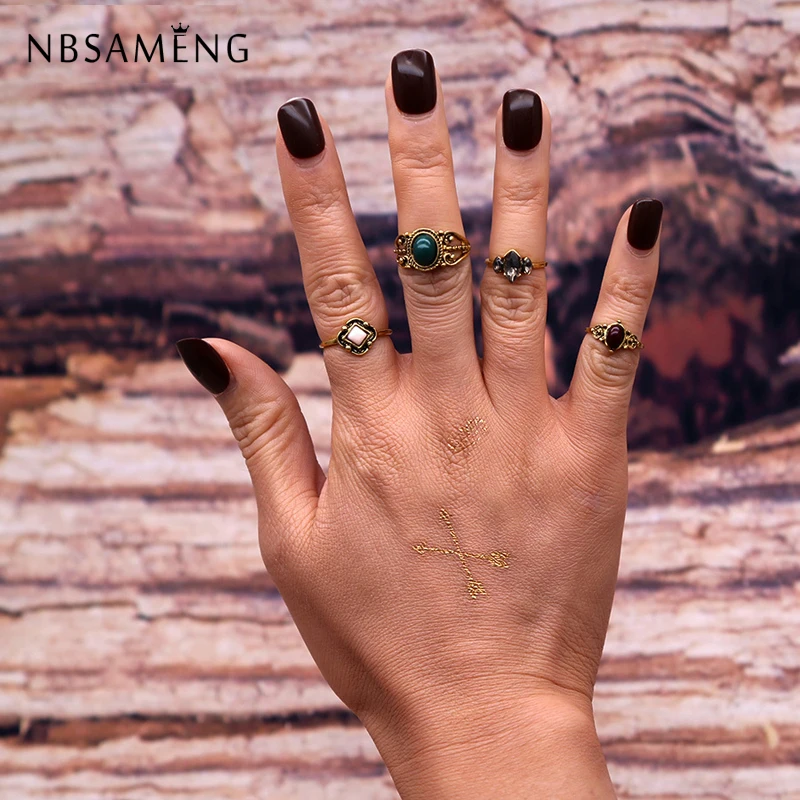 

New Trendy Green Gem 4 Pcs/set Rings Set for Women Crystal Boho Vintage 2019 Hollow Gold Rings Wedding Women Accessories Jewelry