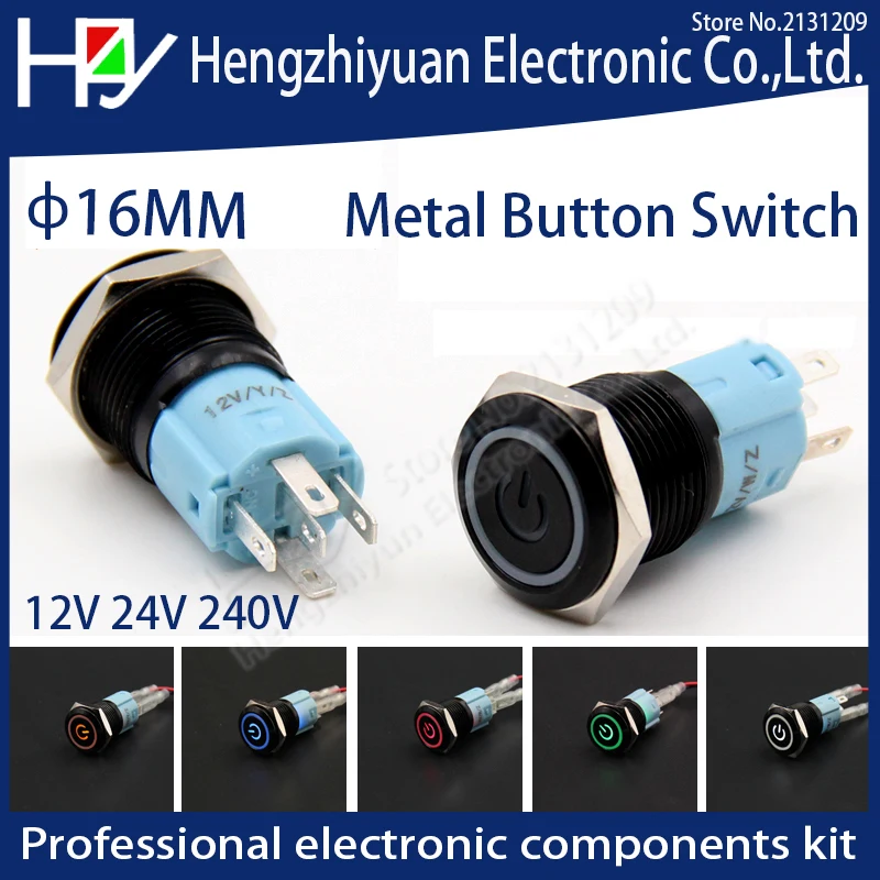 

Hzy LED Locking 12V 24V 220V 16mm Waterproof Metal Push Button Switch maintained metal switch Latching push button