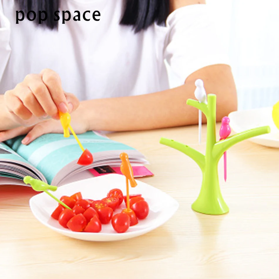 6 pcs +1 Stand Birds Tree Shape Reusable Fruits Fork Plastic Vegetable