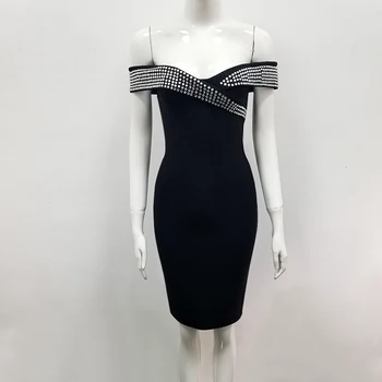 

2018 New Black Off Shoulder Bandage Dress Fashion Women Bodycon Beading Shining Clubwear Celebrity Cocktail Party Vestidos