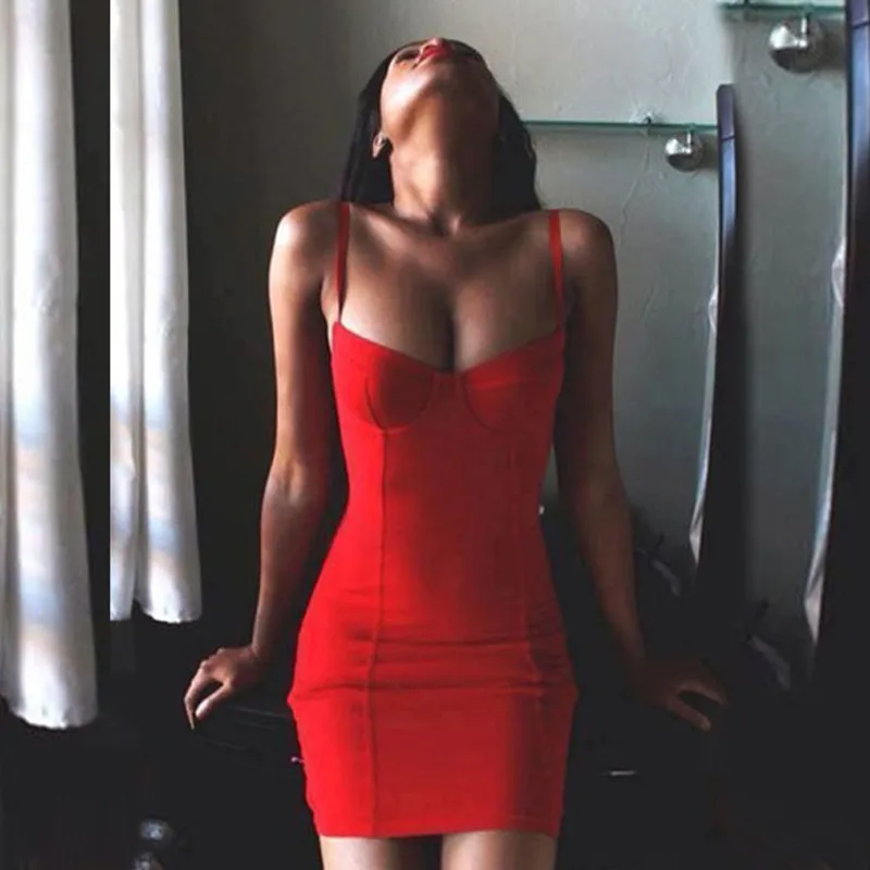 

2019 Summer Sexy Red Solid Short Dress Women Bodycon Spaghetti Strap Party Sheath Dresses Vestidos Clubwear Clothing Femme