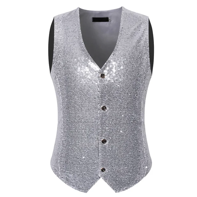 Mens Royal Blue Sequin Vest Hipster Punk Rock V Neck Male Shiny Glitter