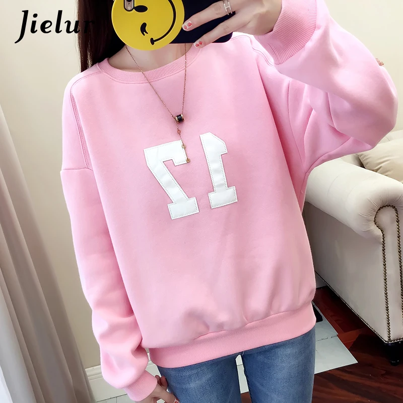 Jielur 17 Patch Sweatshirt для Для женщин Kpop Стиль флис теплые женские с капюшоном милые BF