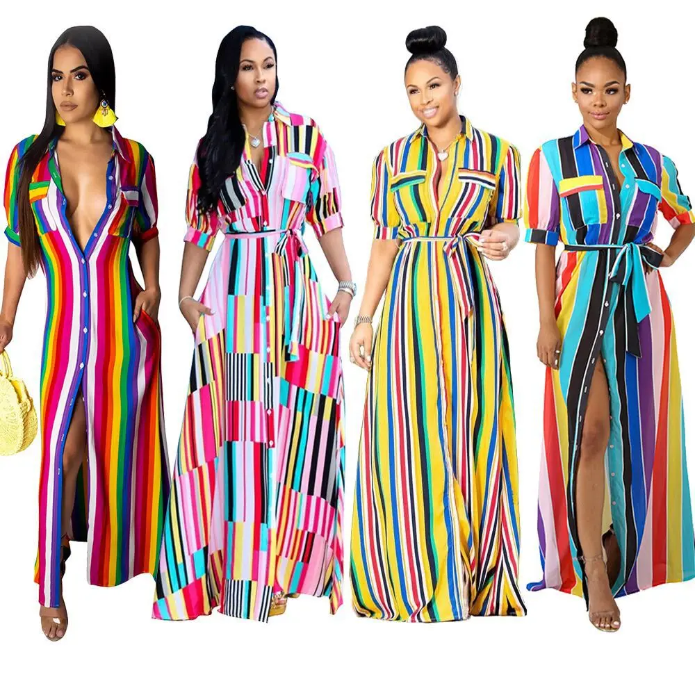 

2019 S-XXXL Summer Striped Dresses Print Sashes Pockets Floor-length dress Woman Bandage Nightclub Sexy Long Maxi Dresses
