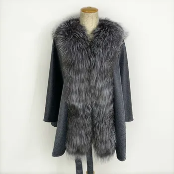 

FURSARCAR Fashion Wrap 5 Color 2019 New Big Real Nature Fox Fur Collar Women Woolen Cape With Belt For Female Genuine Fur Shawl