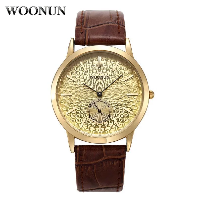 WOONUN Famous Brand Luxury Gold Watches Men Genuine Leather Band Quartz