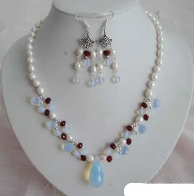 

>White Pearl Opal Red Garnet Pendant 18KWGP Clasp Necklace Earrings Set (A0423) -Top quality free shipping
