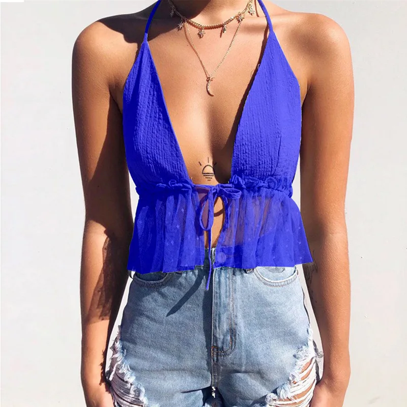 

Halter Front Chest Straps Backless Transparent Mesh Hem Chiffon Crop Top Women Summer 2019 Solid Color Short Straps Camisole