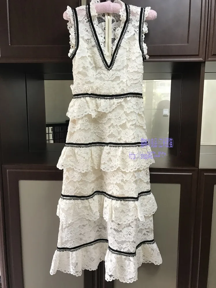 Brand ladies fashion high-end sexy white lace V collar Slim long sleeveless dresses long-white-lace-dress