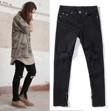 fashion new high quality 2016 jeans motorcycle black rock star knee holes destroyed skinny ankle zipper denim jeans men