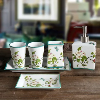 

Six-piece Bathroom Product Ceramic Bathroom Appliances Tooth-brushing Cup Soap Dish Hand Sanitizer Bottle Tray Bathroom Set Gift