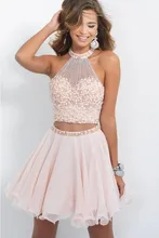 Zwei Stücke 2017 Homecoming Kleider A-line Halfter Kurz Mini Rosa Organza Perlen Kristalle Backless Cocktailkleider