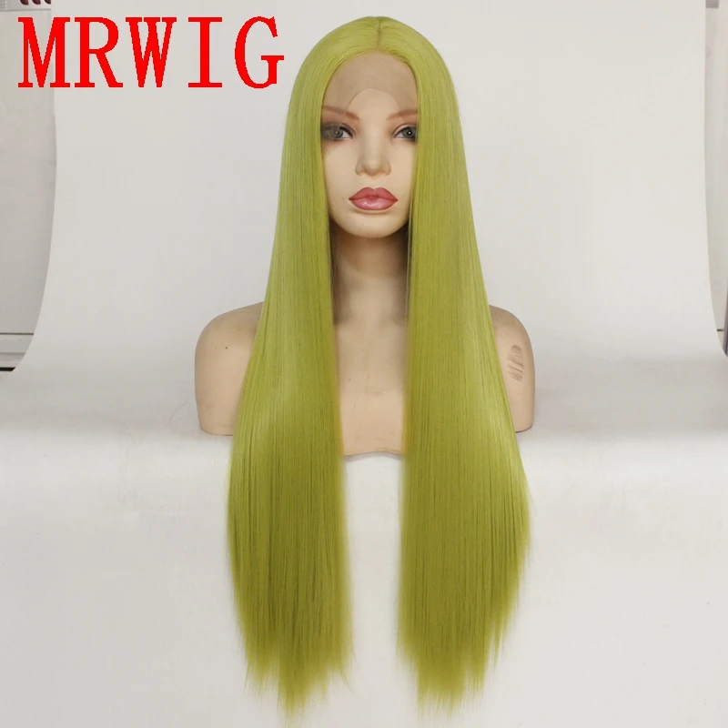 

MRWIG fruit green new color 26in 60cm long silky straight synthetic cosplay lace front wig for woman