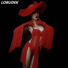 Рождественский женский костюм для ночного клуба, красный бикини с кисточками, большая шляпа, вечерние, сексуальный наряд для сцены, бар, DJ, певец, бюстгальтер для выступления, шорты