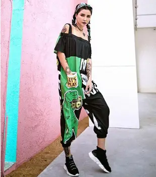 

2019 Streetwear New Off The Shoulder Strap Women Jumpsuits Rompers Graffiti Printed Hip Hop Dance Pants Trousers Cartoon Rompers