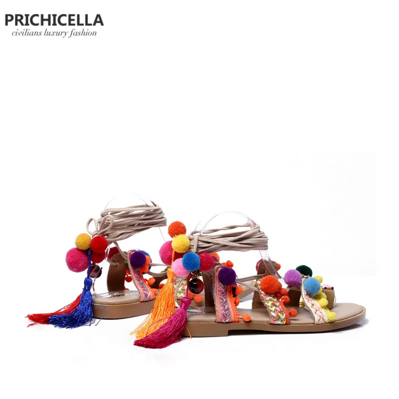 Женские сандалии гладиаторы с помпонами PRICHICELLA из натуральной кожи на плоской