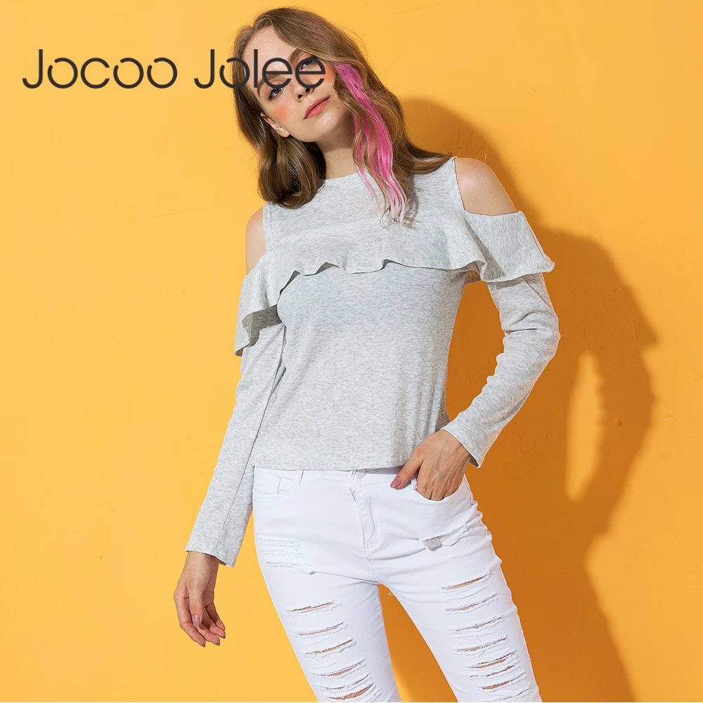 Jocoo Jolee Cold shoulder female long sleeve sweater women Sweet pink ruffles knitted pullover Sexy autumn winter jumper 2018 | Женская