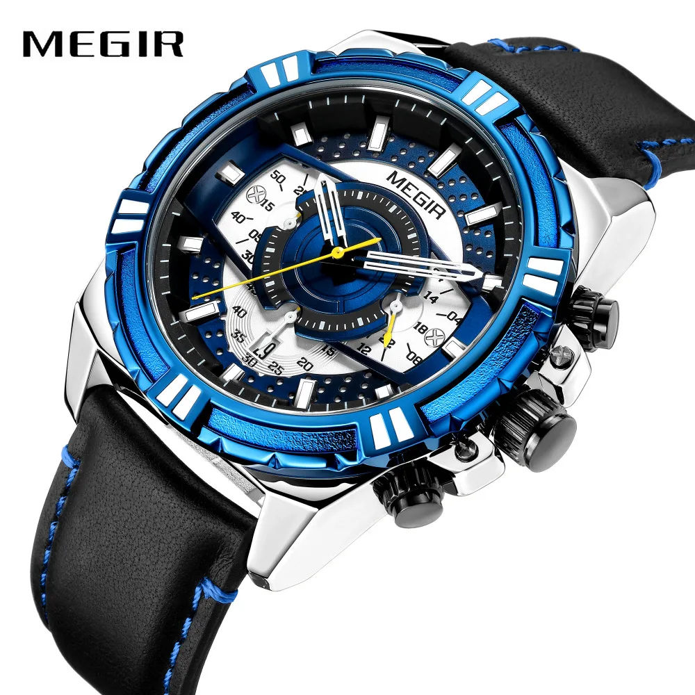 

MEGIR Military Sports Watch Men Quartz Analog Clock Genuine Leather Strap Working Sub-dials Calendar Multifunction Wristwatches