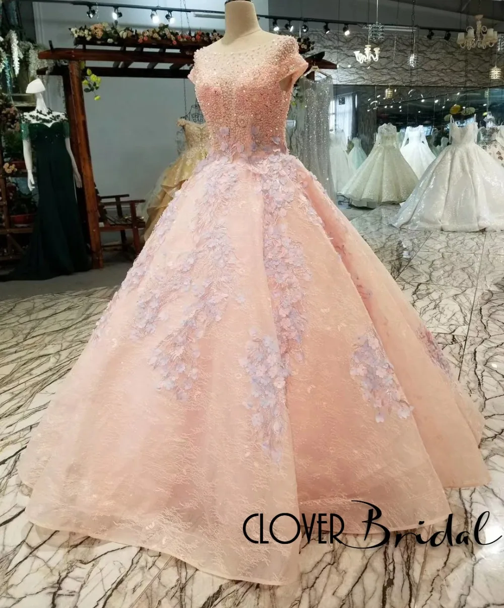 

CloverBridal 2018 Latest Romantic Luxury beaded handmade flowers Floor Length Pink Lace Ball Gown Corset Keyhole back