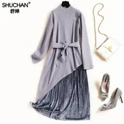 Shuchan Prairie Chic Платья-свитеры асимметрия + плиссированные юбки бархат эластичный пояс до середины икры комплект из 2 частей Для женщин Conjunto
