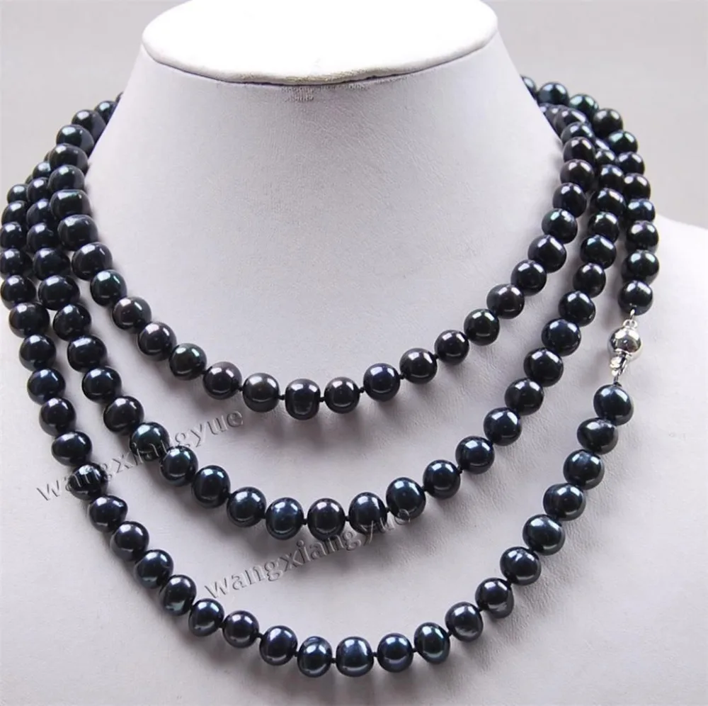 

HOT## Wholesale FREE SHIPPING Long 50" 7-8mm Black Akoya Cultured Pearl Jewelry Necklace