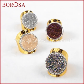 

BOROSA Druzy Round Natural Crystal Druzy Titanium Multi-color Druzy Gold Color Band Ring Paved Zircon JAB375