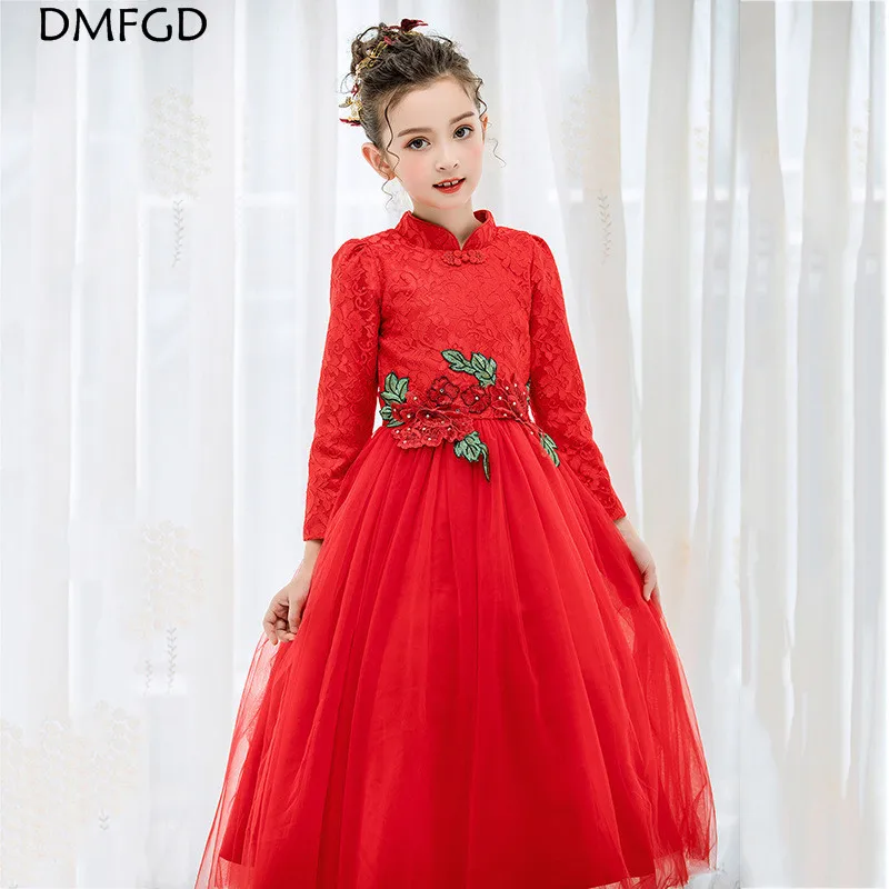 

Autumn and winter long-sleeved girls wedding dress Puff dress Chinese style cheongsam Princess wedding dress party dress