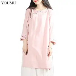 Для женщин из хлопка и льна вышивкой китайские кнопки пластины Цветочные шею три четверти рукава блузки Винтаж 224-067