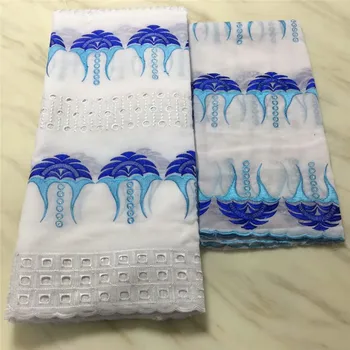 

2018 Latest Bazin riche fabric african with 2 yards french lace fabric for lady with Stones JA251-1 White & Blue