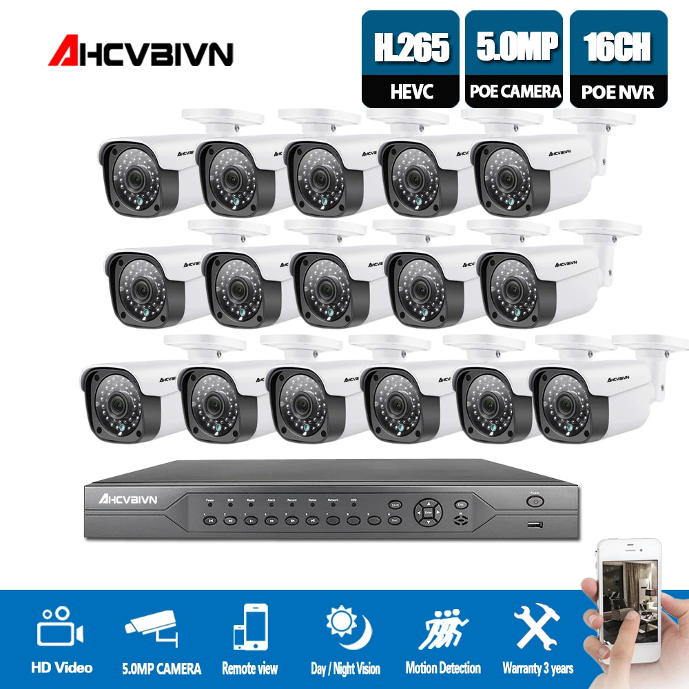 

AHCVBIVN H.265 16ch nvr 4k 5mp cctv system poe kit uhd 5mp ip Waterproof outdoor camera 16CH POE NVR Surveillance poe kit