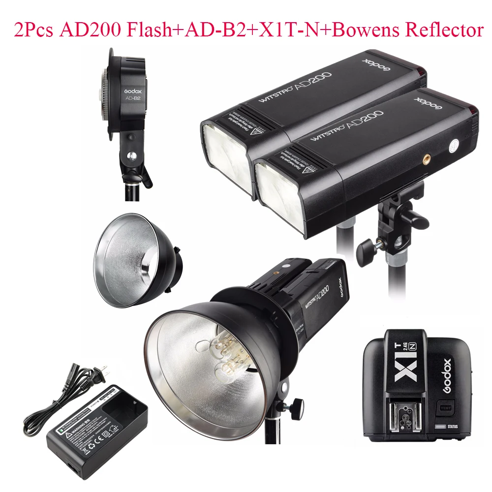 Godox AD200 2.4G TTL Flash 2Pcs + AD B2 + X1T N + Bowens Reflector 400W Strobe Flash for Nikon
