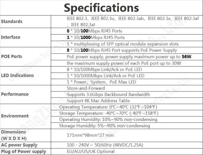 Макс. 54 Вт, 9 Порт 8 poe коммутатор IEEE802.3af PoE костюм для всех видов poe камера или AP, Plug& Play, 1000 Мбит порт* 1, SFP порт* 1