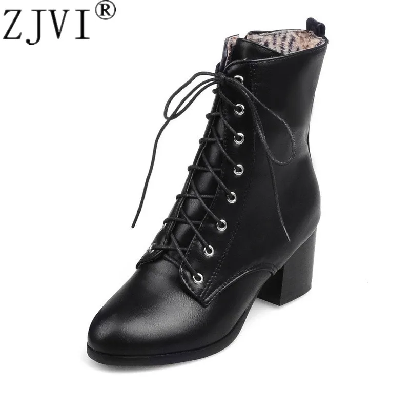 

ZJVI Women Ankle Boots Womens Autumn Winter Square Heels Black Boots 2020 Woman Cross Tied Ladies Round Toe Work Shoes Plus Size