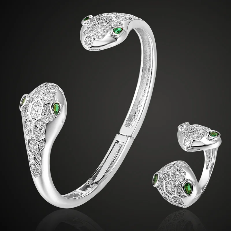 

Zlxgirl double Snake head bangle jewelry sets for women couple gifts Green Cubic Zircon eye bangle ring accessories women bijoux