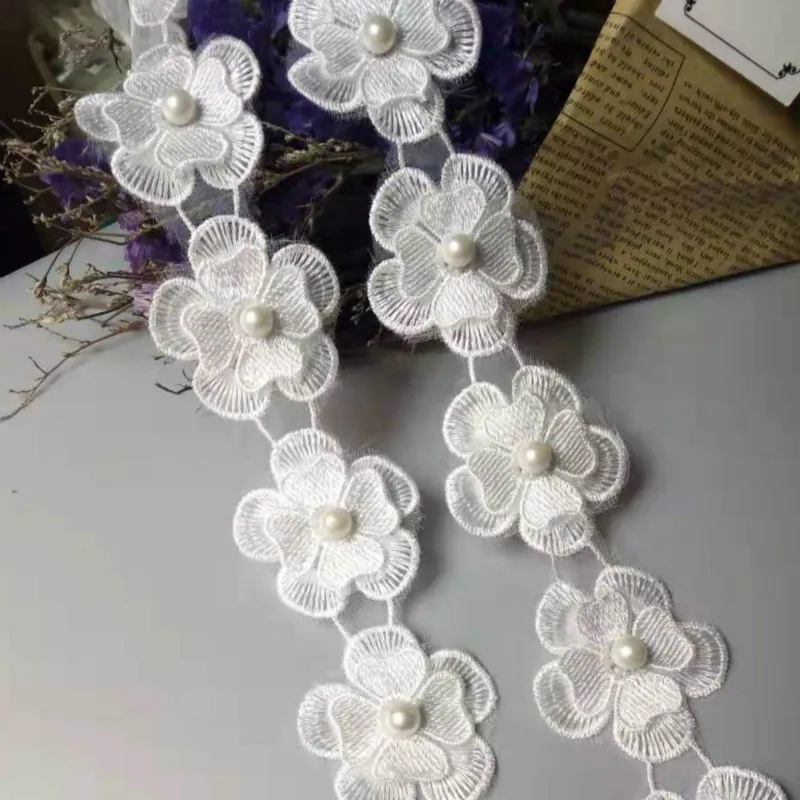 

10x White Pearl Flower DIY Soluble Wedding Lace Lace Trim Knitting Embroidered Handmade Patchwork Ribbon Sewing Craft 4.5CM