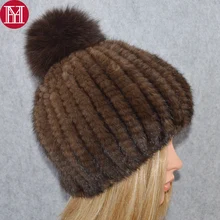Горячая Распродажа, меховая шапка из натуральной норки, женская зимняя вязаная шапка из меха норки, шапка с помпонами из меха лисы, шапка из меха норки с хлопковой подкладкой для девочек