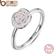 BAMOER 2016 NEW 925 Sterling Silver Rose Garden Stackable Ring Pink Enamel Ring for Women Wedding Original Fine Jewelry PA7134