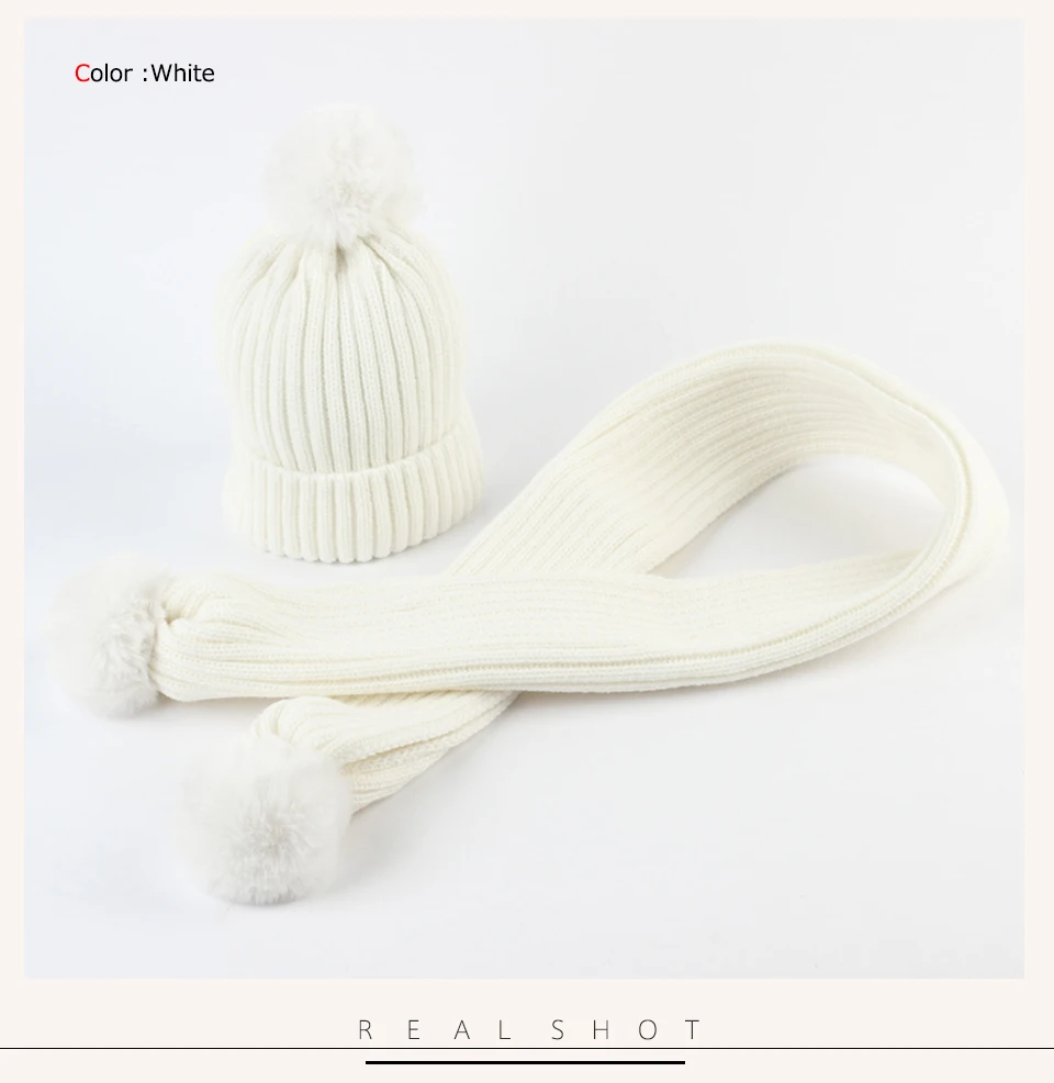 Geebro детская шапочка и шарф комплект Зимний Теплый Вязаный объемный шапочка с меховым помпоном для мальчиков и девочек двойной шарф с