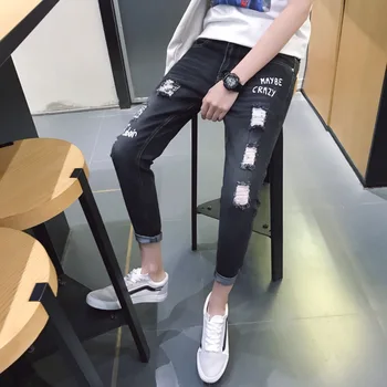 

Hole Summer Mens Jeans Brand Black Slim Fit Denim Jeans Ripped Ankle-length pant Jeans Homme Plus Size