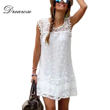 

Dreawse Summer Dress Women Casual Beach Short Dress Tassel Black White Mini Lace Dress Sexy Party Dresses Vestidos S-XXL MZ2548