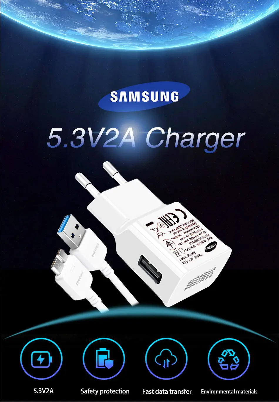 1Samsung Original Travel Charger for Samsung Galaxy S5 Note 3 Phone Charger 5.3 V & 2.0A EU US 1 m 3.0 USB Micro cable_