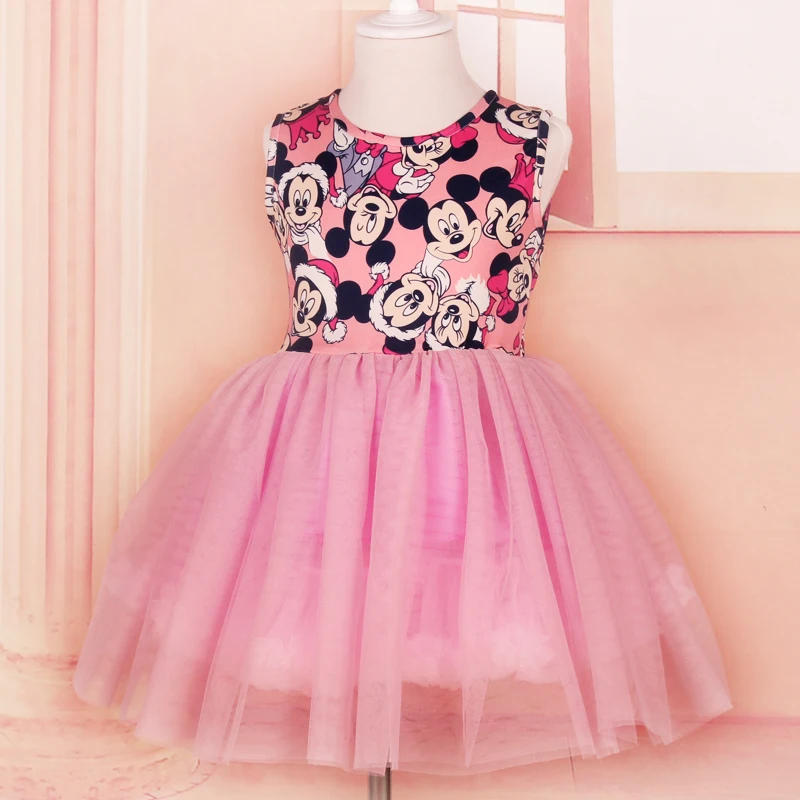

Girls Dress Girl Christmas Minnie pink black O-neck Sleeveless dress Children princess party clothes kids clothing bow party