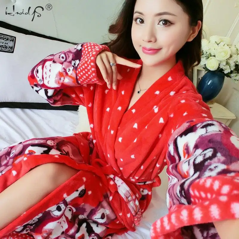 Flannel Bathrobes Women's Cartoon Lovely Thicken Warm Nightgowns Winter Bath robe Women Pajamas Bath Robe Sleepwear - Цвет: Red