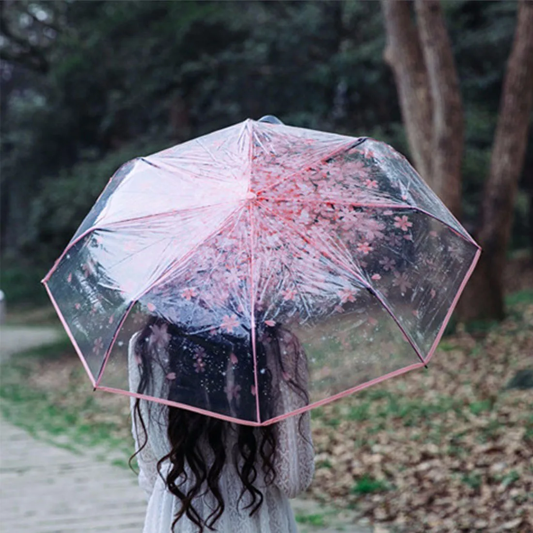 

Romantic Women Kids Transparent Umbrella Cherry Blossom Mushroom Sakura 3 folding Sunshade Clear Rain Umbrella