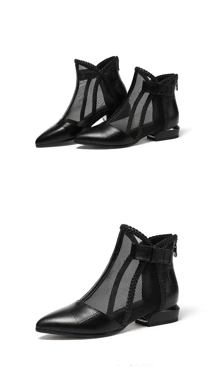 Женские босоножки; пикантные летние женские ботильоны; модные ботинки из сетчатого материала; женские босоножки на не сужающемся книзу массивном каблуке; ботинки с острым носком; Цвет Черный