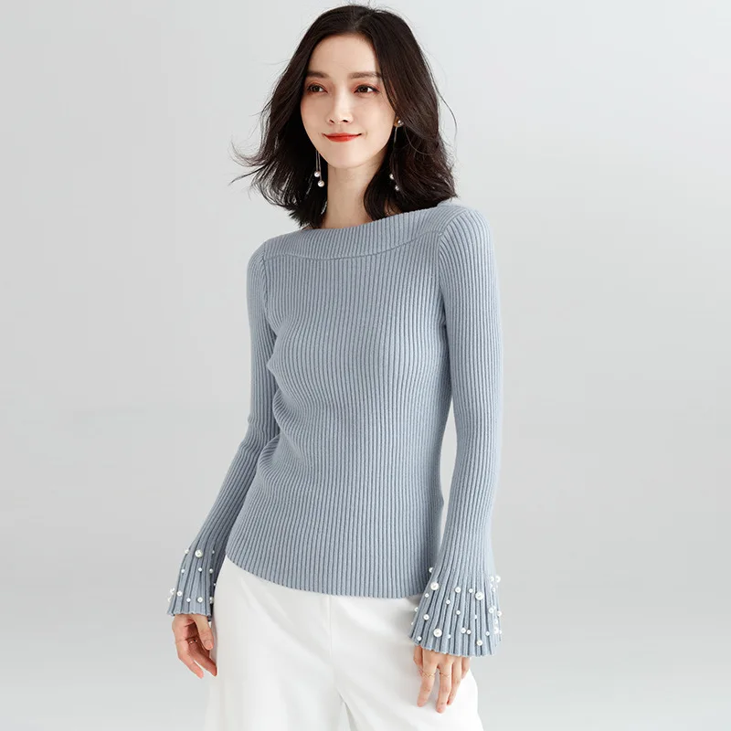 2018 autumn and winter new stylish sweater thicken flare sleeves slash neck bottoming sweater for women F9581 2018 autumn and winter new stylish sweater thicken flare sleeves slash neck bottoming sweater for women F9581