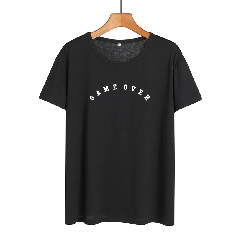 

Game Over Funny Tshirt Women Gamer Hipster Black White T Shirt Summer Cotton Short Sleeve Tops Fashion Saying End of Game